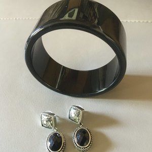 WIDE BLACK BANGLE BRACELET & EARRINGS SET